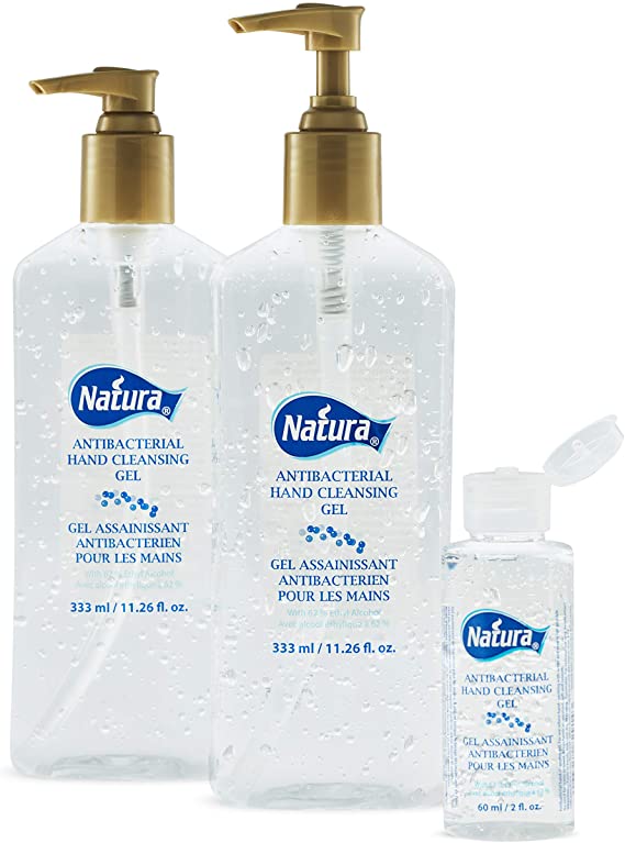 NATURA HAND SANITIZER- Antibacterial Hand Sanitizing Gel- 2 x 333ml bottles with pump   BONUS 60ml travel size