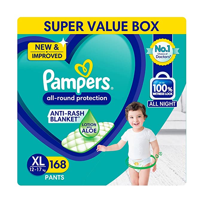 Pampers All round Protection Pants, Extra Large size baby Diapers, (XL) 168 Count Lotion with Aloe Vera