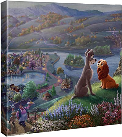 Thomas Kinkade Studios Lady and the Tramp Falling In Love 14 x 14 Gallery Wrapped Canvas