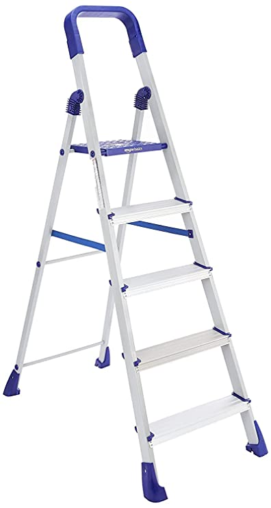 AmazonBasics Clamber Pro - Foldable Step Ladder, Firm Grip, 5 Steps (Aluminium Steps, Blue & Satin)