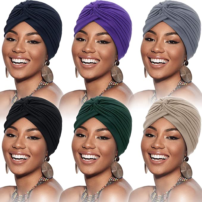 6 Pieces Turbans for Women Soft Turban Head Wrap Headwear Pleated Beanie Cap Hair Loss Hat