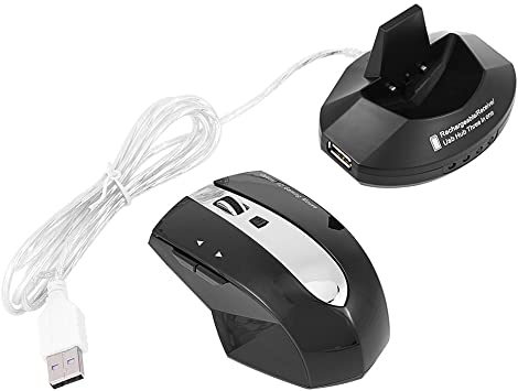 2.4GHz Wireless Optical Mouse Rechargeable Gaming Mouse Portable Mobile Mouse with Charging Dock Stand 3-Port USB Hub(Black)