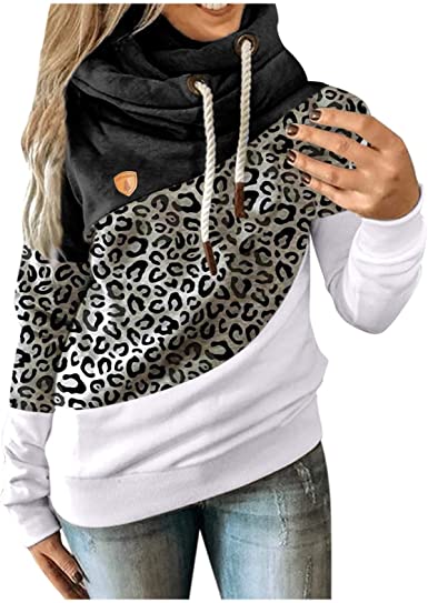 Molisell Hoodies for Women Cowl Neck Color Block Drawstring Long Sleeve Casual Sweatshirts