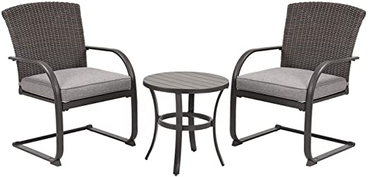 Grand patio 3 Piece Outdoor Spring Motion Bistro Set, Resin Wicker Patio Chairs and Steel Table, Furniture Set with Grey Cushion