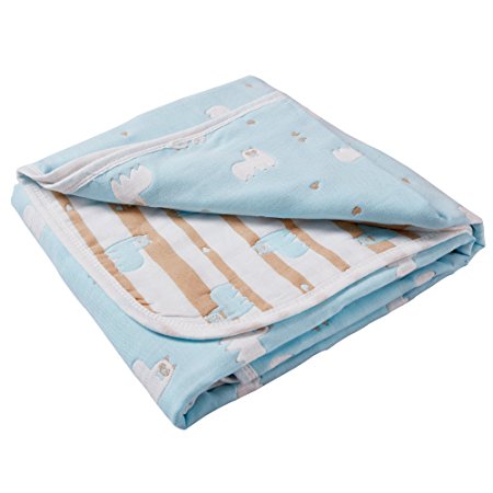 6 Layers of 100% Organic Muslin Cotton Toddler Blanket with Reversible Alpaca Printed Design, 43"x 43", Blue by NTBAY