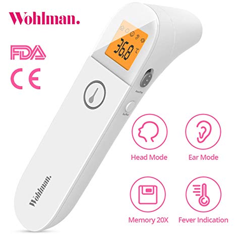 Wohlman. Thermometer for Fever Ear and Forehead Thermometer for Baby, Kid and Adult 4 Modes Digital Medical Infrared Thermometer for Body, Surface and Room CE FDA Approved