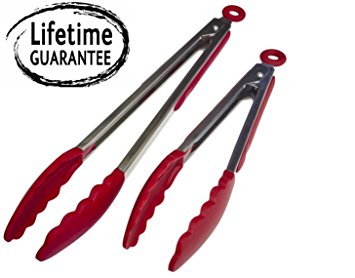 Premium Kitchen Tongs Set - Amazing Stainless Steel Tongs for Cooking - Salad Tongs with Silicone Tips (Red)