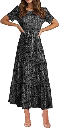 BTFBM Women Casual Short Sleeve Crew Neck Summer Dress Bohemian Floral Printed Flowy Maxi Dresses Tiered Cocktail Dress