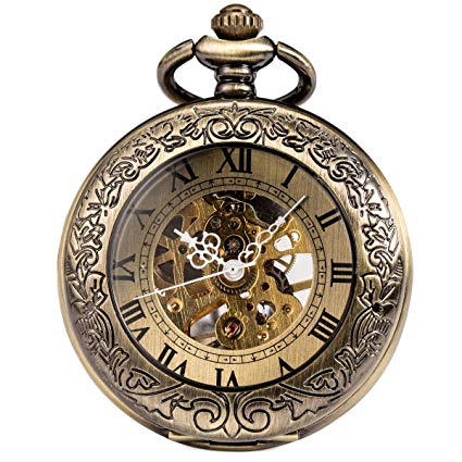 ManChDa Mechanical Pocket Watch, for Men Women Special Magnifier Half Hunter Double Open Engraved Case Roman Numerals with Chain   Gift Box Bronze