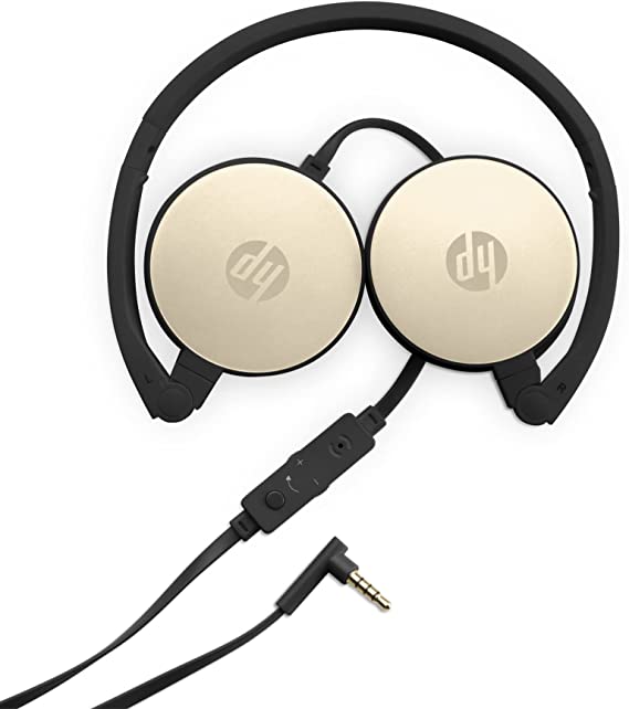 HP 2800 Silk Gold Headset with In Line Mic for Handsfree, 3.5mm, Foldable, Cable Control Volume, Computer PC Smartphone Tablet