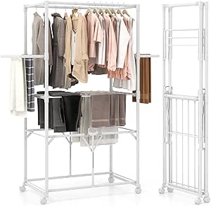 COSTWAY Foldable Clothes Drying Rack, Rolling Aluminum Clothes Airer Dryer Hanger with Folding/Removable Shelves and Lockable Wheels, Freestanding Laundry Rack Clothes Horse for Indoor Outdoor, White