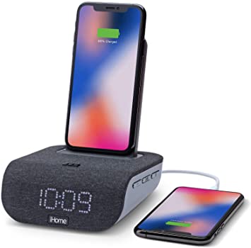 iHome Wireless Charging Bluetooth Alarm Clock TimeBase Dual with USB Black Speakers and Alarm Clocks