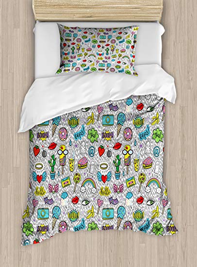 Ambesonne Emoji Twin Size Duvet Cover Set, Pop Art Hand Drawn Cartoon Style Eye Ice Cream Rainbow Donut Lip Heart Banana Ghost, Decorative 2 Piece Bedding Set with 1 Pillow Sham, Multicolor