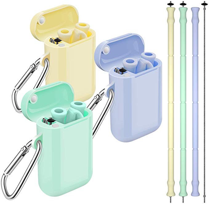 Comvin Collapsible Silicone Straws, 3 Pack Reusable Portable Travel Straw with Case and Brush, BPA Free for Cold or Hot Drinks Like Lemonade, Sodas, or Coffee, Cream Yellow, Lavender, Mint Green
