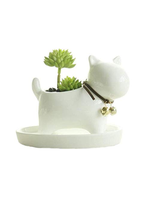 Small Lovely White Ceramic Succulent Plant Flower Pot with Tray, Modern Simple Style Neck with Bell - Dog