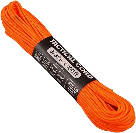 Atwood Rope MFG 275 Tactical Paracord 100 Feet 4-Strand Core Nylon Parachute Cord Outside Survival Gear Made in USA | Lanyards, Bracelets, Handle Wraps, Keychain (Neon Orange)