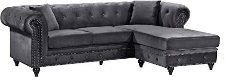 Meridian Furniture 667Grey-Sectional Sabrina Reversible 2 Piece Button Tufted Velvet Sectional with Scroll Arms, Nailhead Trim, and Custom Wood Legs, Grey