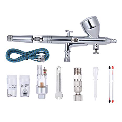 Aibecy Gravity Feed Dual-action Airbrush Air Brush Kit Set Spray Gun with Air Hose 0.2mm/0.3mm/0.5mm Needle Nozzle 9cc Color Cup for Model Coloring Painting Tattoo Cake Decorating Nail Beauty Makeup