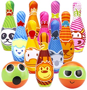 Dreamon Kids Bowling Set 10 Pins and 2 Balls with Storage Net Bag, Boys Girls Toddler Games Educational Sports Toys Age 2 3 4
