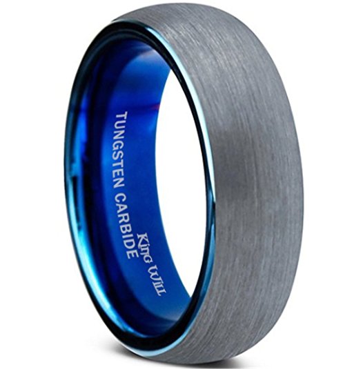 King Will 7mm Blue Domed Tungsten Carbide Wedding Band Ring Brushed Polish Finished Comfort Fit