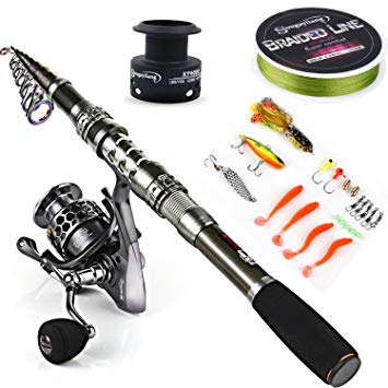 Sougayilang Telescopic Fishing Rod Reel Combos with Carbon Fiber Fishing Pole Spinning Reels and Fishing Accessories for Travel Ocean Saltwater Freshwater Fishing
