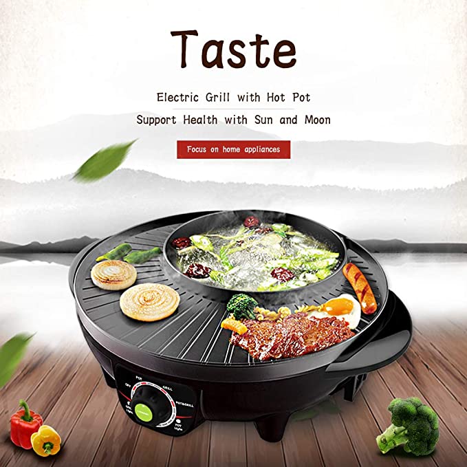 LIVEN Electric Grill with Hot Pot, Non-stick coating surface, Hot Pot with Glass Lid,1300W 120V SK-J3201