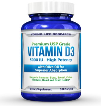 Vitamin D3 5000 IU - In Non GMO Organic Olive Oil - Powerful Health Benefits - 360 Softgels