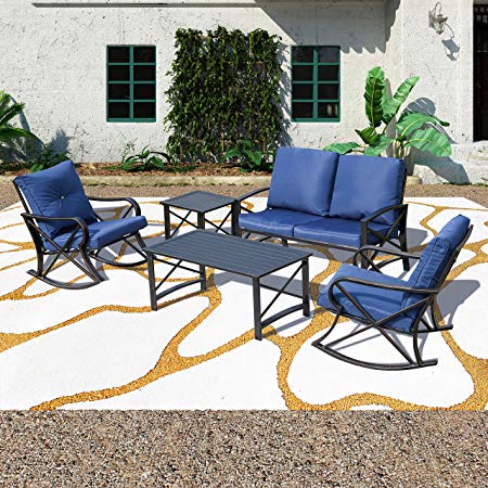 Patio Festival ® Conversation Furniture Set,5 Pcs Cushioned All Weather Metal Outdoor Furniture Sectional with Loveseat,2 Padded Rocking Chairs,Coffee Table,Bistro Table (5 PCs, Blue)