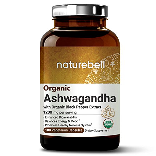 Organic Ashwagandha 1200mg, 180 Capsules with Black Pepper Extract, Powerfully Support Healthy Nervous System, Non-GMO, Vegan Friendly and Made in USA (1 Bottle)