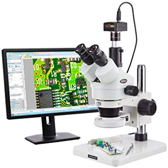 AmScope 7X-45X Surface Inspection 144-LED Zoom Stereo Microscope   14MP Digital Camera