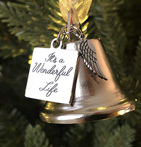 K9King It's a Wonderful Life Inspired Christmas Angel Bell Ornament with Stainless Steel Angel Wing Charm. New Larger Size and Now Comes with 2 Interchangeable Ribbons.
