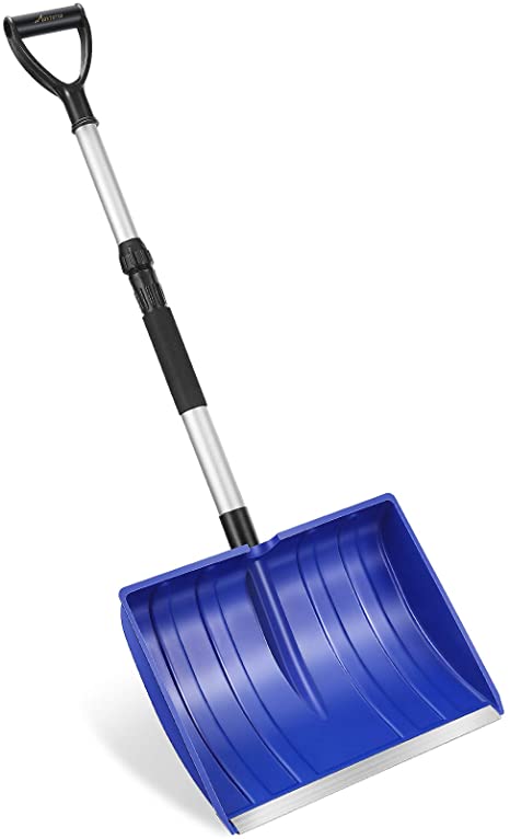 MOVTOTOP Snow Shovel, Large Capacity Snow Shovel Makes Shovel Snow Smarter, 47.2 Inch Adjustable Portable Snow Shovels with D-Grip, Non-Slip Sponge and Durable Aluminum Blade for Car Driveway(Blue)