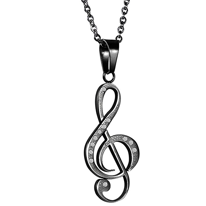 Flongo Women's Elegant Stainless Steel Music G Treble Clef Rhinestone Shine Pendant Necklace, 18 inch