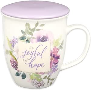 Christian Art Gifts Lavender Floral Ceramic Coffee Mug with Lilac Lid – 13 oz. Lead & Cadmium-free Inspirational Scripture Coffee & Tea Mug for Women with Bible Verse: Be Joyful in Hope – Romans 12:12