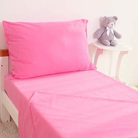 TILLYOU 3-Piece Cotton Flannel Toddler Sheet Set (Fitted Sheet, Top Flat Sheet and Envelope Pillowcase) - Warm Soft Plush Crib Sheets Set Toddler Bed Set - Baby Sheet & Pillowcase Sets - Pink