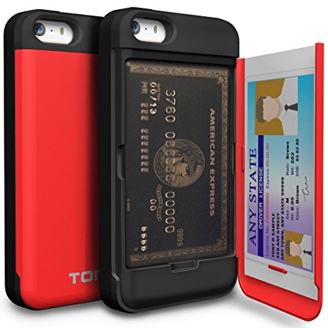 iPhone SE Case, TORU [CX PRO][Red] Protective Hidden Wallet Case with [Card Slot][ID Holder][Mirror] for iPhone 5 / 5S / iPhone SE - Red