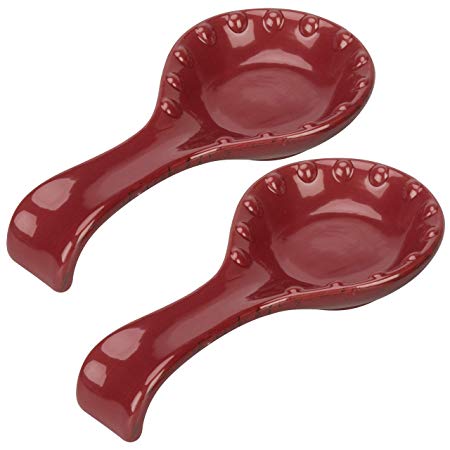 MyGift Stove Top Red Ceramic Spoon Rest with Beaded Design, Set of 2