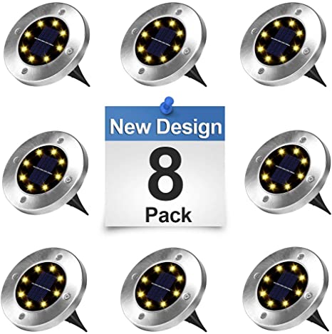 Solar Ground Lights - 8 LED Solar Garden Lights Outdoor，Disk Lights Waterproof In-Ground Outdoor Landscape Lighting for Lawn Patio Pathway Yard Deck Walkway Flood Light Dekugaa