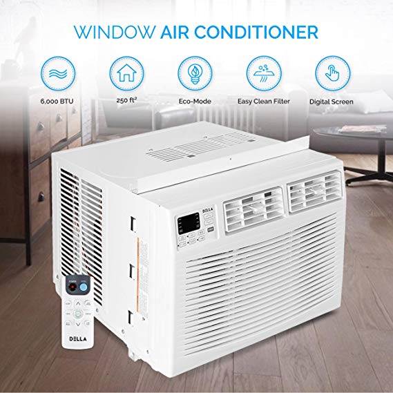 DELLA Remote Control 6000 BTUs Up To 250 SQ FT 115 V Window Mounted Air Conditioner Washable Filtered Energy Star White