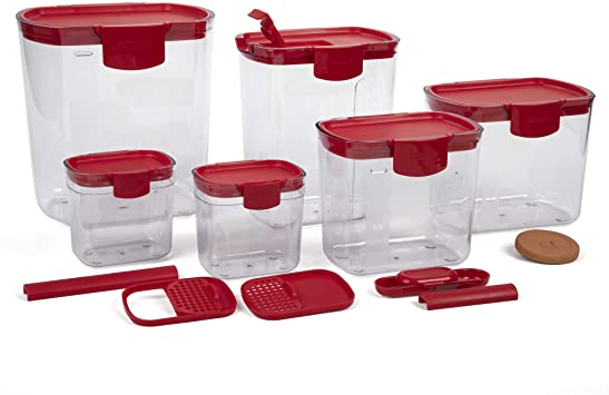 Progressive Prepworks ProKeeper 6 Piece Kitchen Clear Plastic Food Storage Organization Container Baking Canister Set, Red