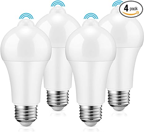 ONEVER Motion Sensor Light Bulbs - 12W (100W Equivalent) PIR Motion Activated Dusk to Dawn Light Bulb Auto on/Off E26 6000K Cool White Indoor Outdoor Security Bulb for Front Door Garage Hallway 4 Pack