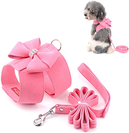 Ranphy Dog Harness and Matching Leash Set Girl Bling Rhinestone No-Pull Puppy Vest Doggie Cat Walking Training Harness Soft Suede Leather Collar Adjustable for Yorkie Chihuahua Small Pet Dog Pink S