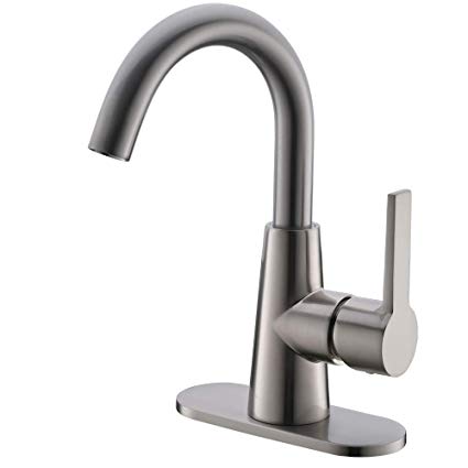 Single-Handle High-Arc Stainless Steel Bathroom Sink Faucet/Bar Sink/Pre-Kitchen Sink Faucet With 4 Inch Deck Plate And Supply Hoses By Phiestina, Brushed Nickel, WE10E-BN