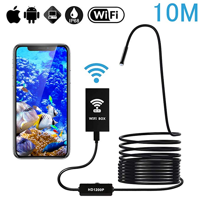 Wireless Endoscope, 1200P WiFi Borescope Inspection Camera, 2.0 MP Semi-rigid USB Endoscope IP68 Waterproof HD Snake Camera for Android and iOS Smartphone (30FT)