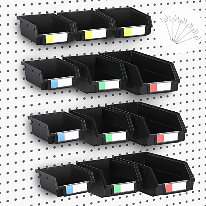 Magicfly 12 Pack Pegboard Bins, 3 Sizes Pegboard Storage Hooks Fits Any Tools, Peg Board Accessory Storage Attachment, Hardware, Craft and Parts, Black