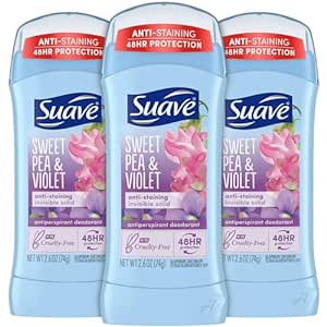 Suave Deodorant for Women, Sweet Pea & Violet – Invisible Solid Antiperspirant Deodorant Stick, 48H Protection, 2.6 Oz Ea (Pack of 3)