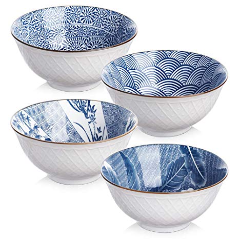 Y YHY Ceramic 24 Ounces Cereal or Soup Bowls, Bowl Set for Salad and Pasta, Assorted Blue White Patterns, Set of 4