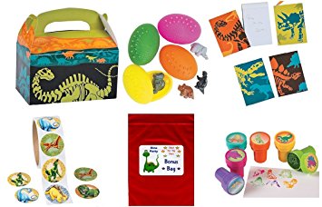 160 pc Dinosaur Kid's Party Favor Bundle Pack (12 Goody favor treat boxes, 12 Stampers, 12 Notepads, 24 Dino Eggs, 100 pc roll stickers, Bonus Bag)
