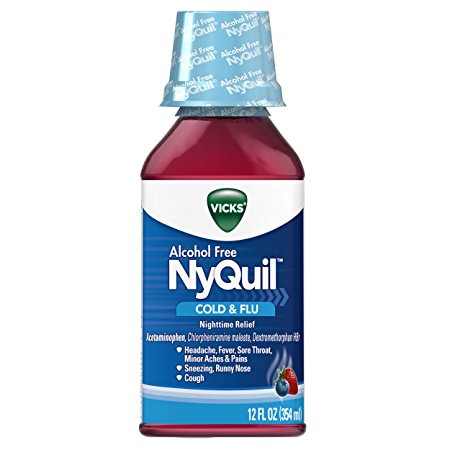 Vicks NyQuil Cough Cold and Flu Nighttime Relief, Alcohol Free Berry Liquid, 12 Fl Oz