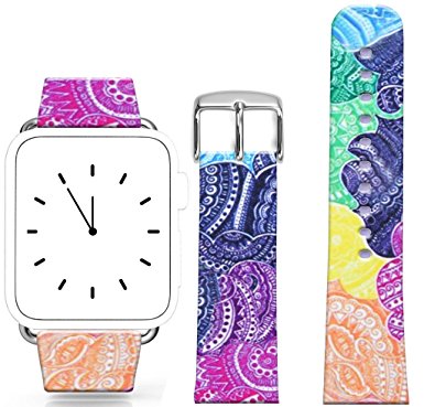 Iwatch Band Leather 42Mm Series 1 Series 2,Apple Watch Strap Genuine Leather Replacement 42Mm Colorful Rainbow Art Lines